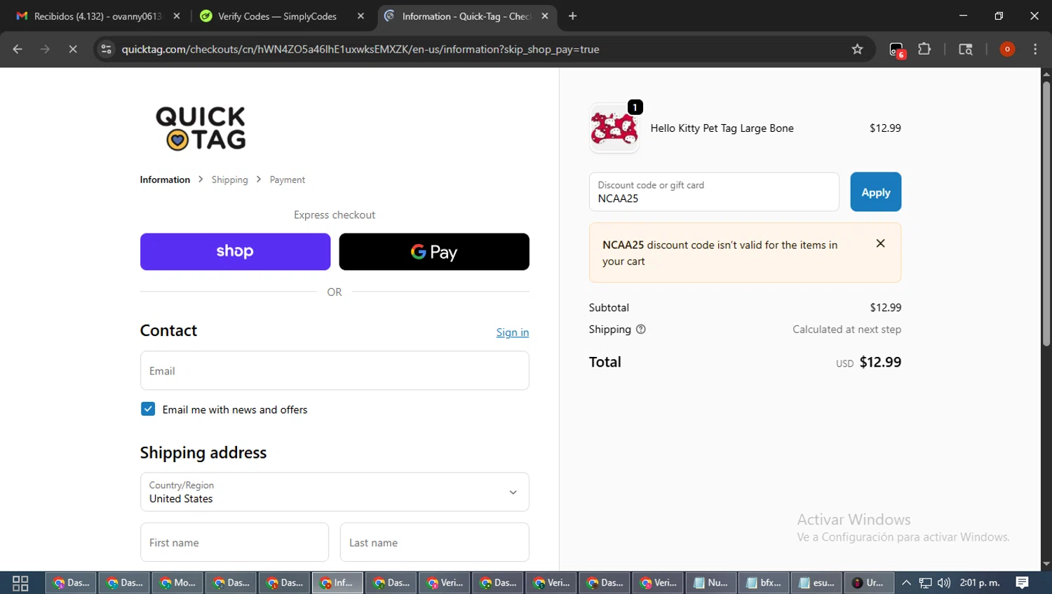 Quick-Tag coupon code screenshot showing code NCAA25 applied at Quick-Tag checkout page. Uploaded by SimplyCodes community member WiseTracker2171 on Oct 26, 2025