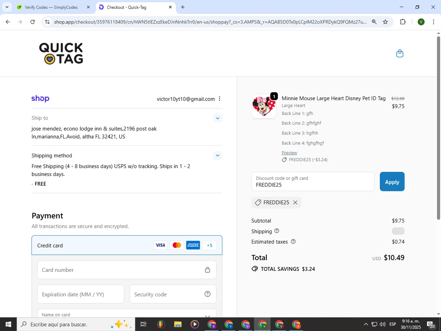 Quick-Tag coupon code screenshot showing code FREDDIE25 applied at Quick-Tag checkout page. Uploaded by SimplyCodes community member PrimeWizard4168 on Nov 30, 2025