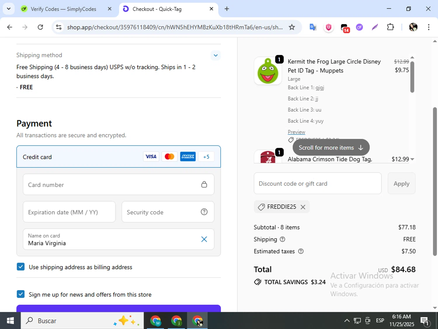 Quick-Tag coupon code screenshot showing code FREDDIE25 applied at Quick-Tag checkout page. Uploaded by SimplyCodes community member mariapolancog on Nov 25, 2025