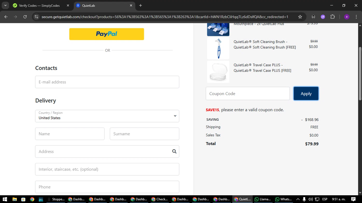 QuietLab coupon code screenshot showing code SAVE15 applied at QuietLab checkout page. Uploaded by SimplyCodes community member CoinElite8997 on Aug 5, 2025