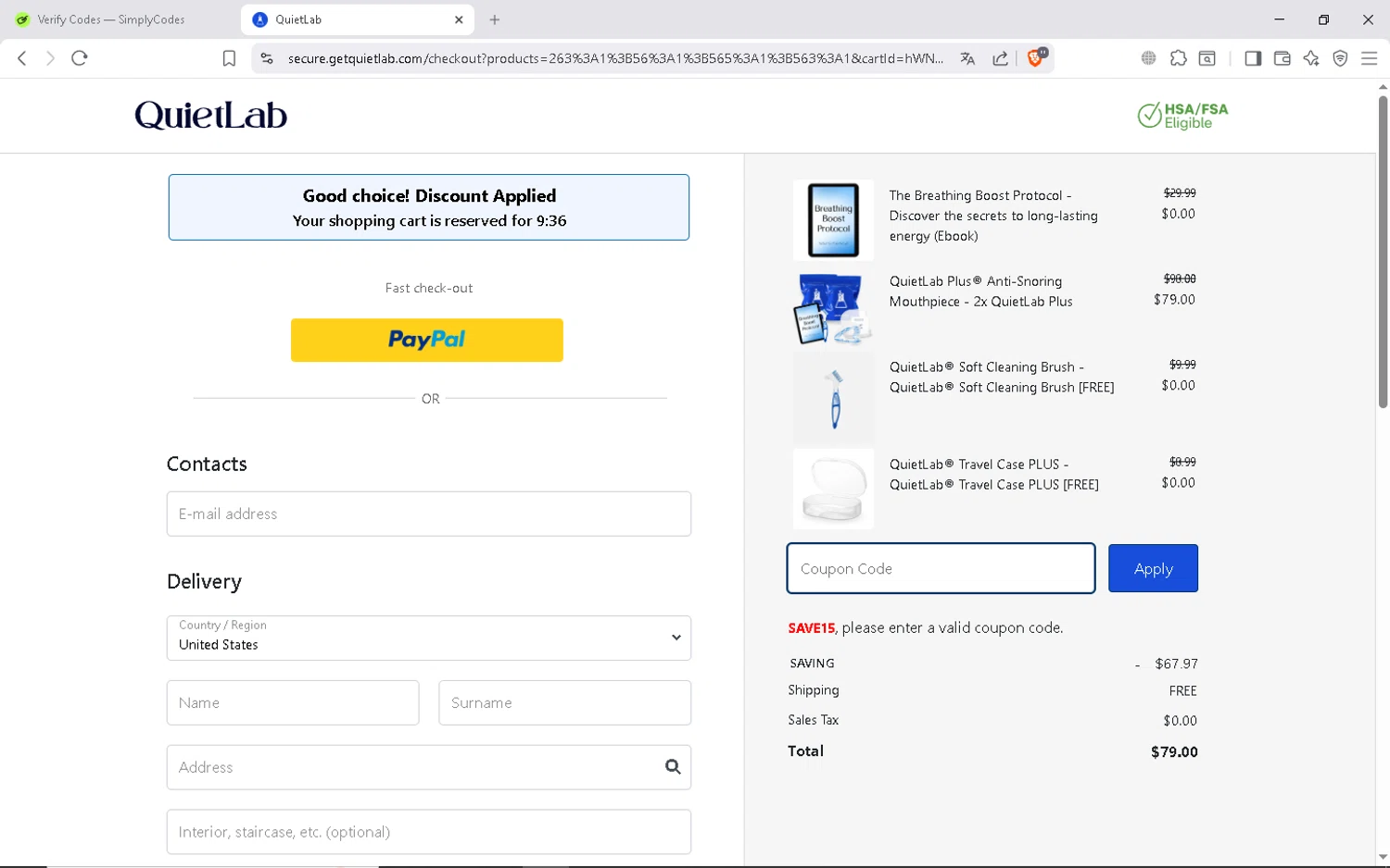 QuietLab coupon code screenshot showing code SAVE15 applied at QuietLab checkout page. Uploaded by SimplyCodes community member ShieldAdmiral6835 on Feb 10, 2026