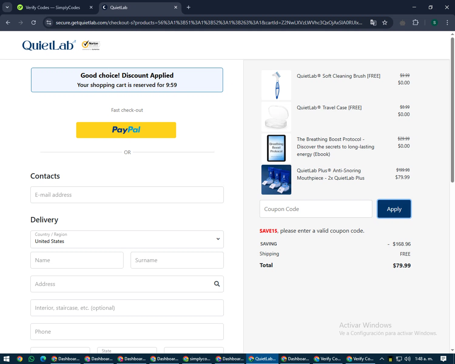 QuietLab coupon code screenshot showing code SAVE15 applied at QuietLab checkout page. Uploaded by SimplyCodes community member lilMosey on Mar 12, 2025