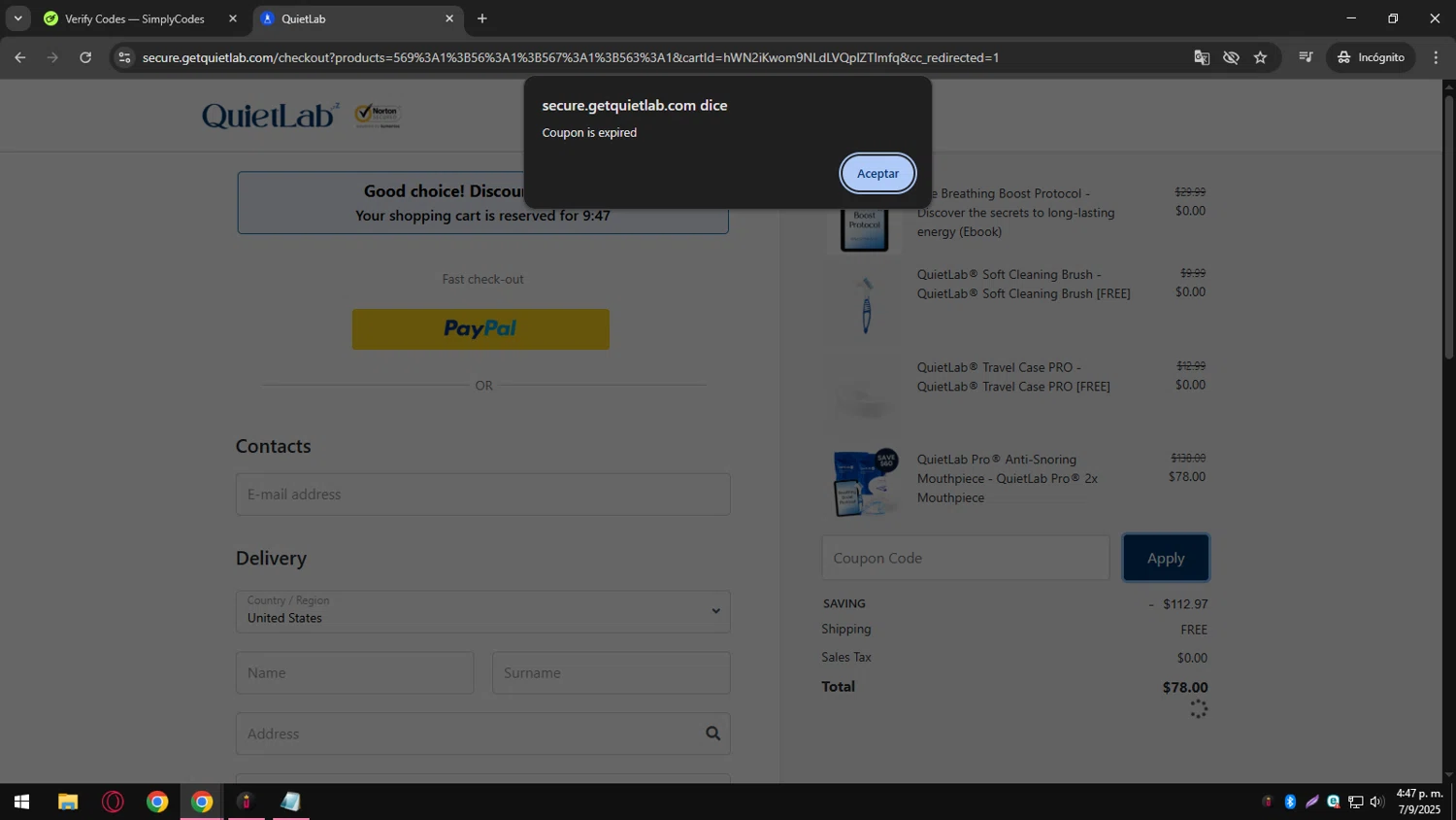 QuietLab coupon code screenshot showing code LABORDAY applied at QuietLab checkout page. Uploaded by SimplyCodes community member CrownCollector9208 on Sep 7, 2025
