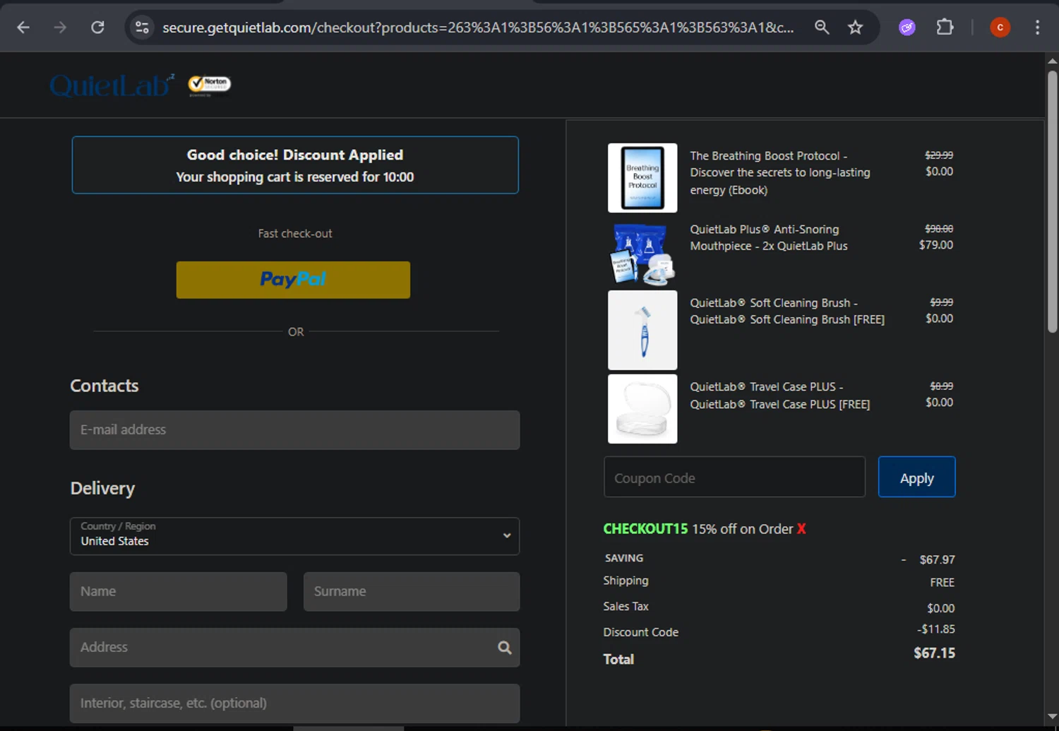 QuietLab coupon code screenshot showing code Checkout15 applied at QuietLab checkout page. Uploaded by SimplyCodes community member CashSage6731 on Oct 29, 2025