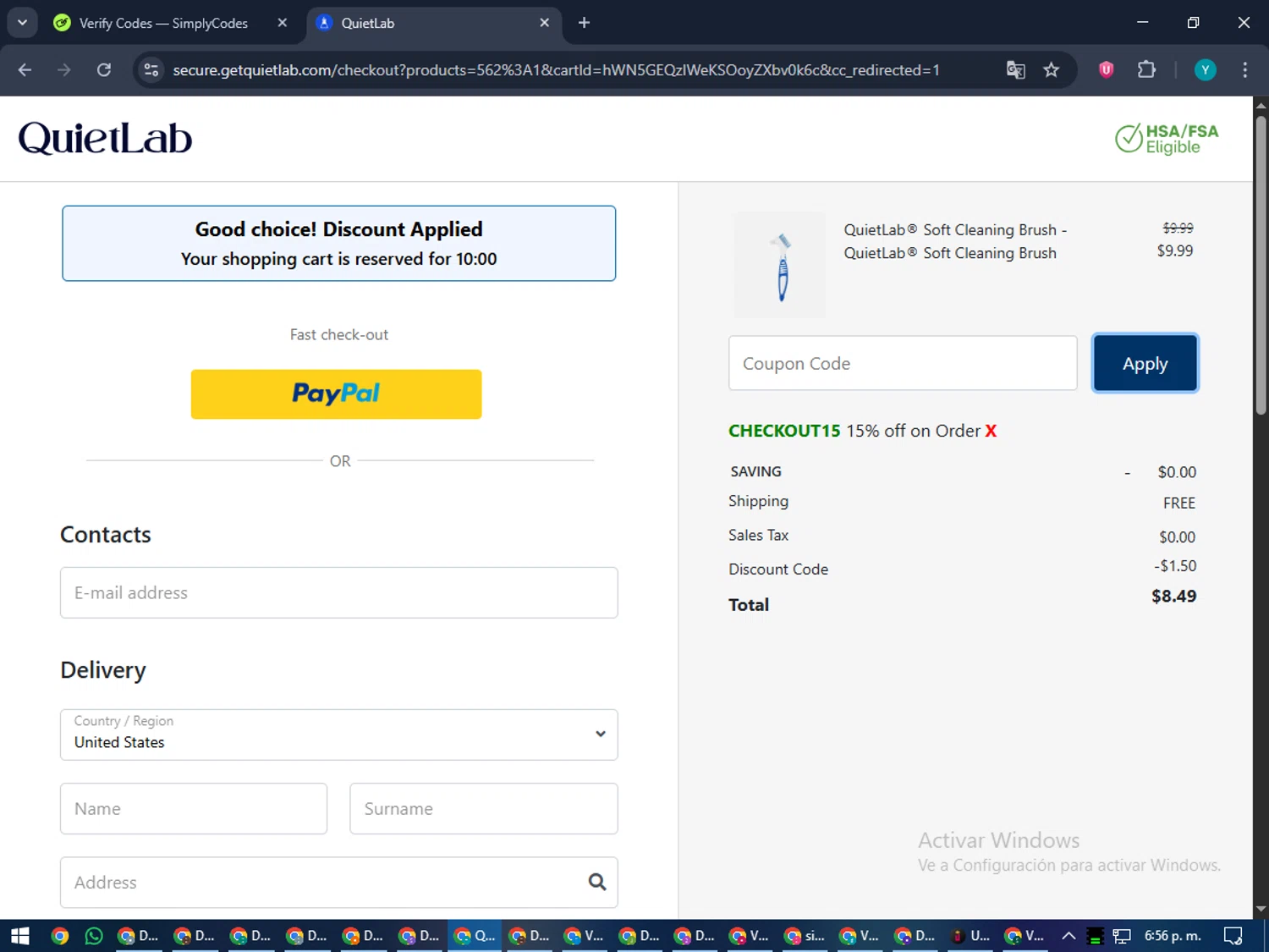 QuietLab coupon code screenshot showing code Checkout15 applied at QuietLab checkout page. Uploaded by SimplyCodes community member RoyalEagle4794 on Nov 13, 2025