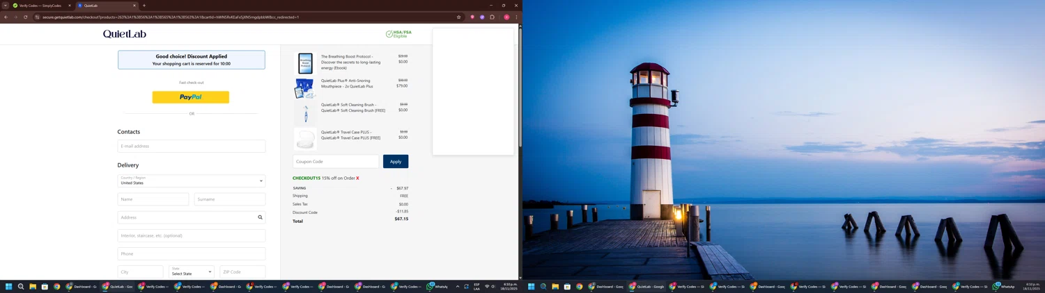 QuietLab coupon code screenshot showing code Checkout15 applied at QuietLab checkout page. Uploaded by SimplyCodes community member TreasureWarden457 on Nov 18, 2025