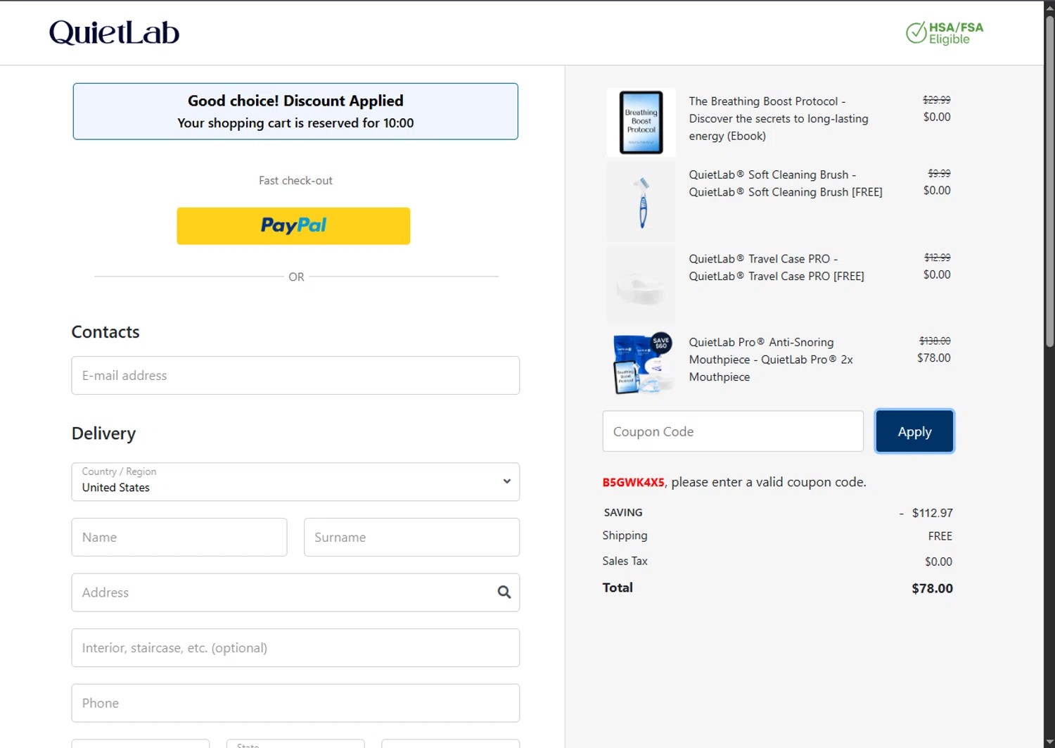 QuietLab coupon code screenshot showing code B5GWK4X5 applied at QuietLab checkout page. Uploaded by SimplyCodes community member VoucherFinder3467 on Oct 30, 2025