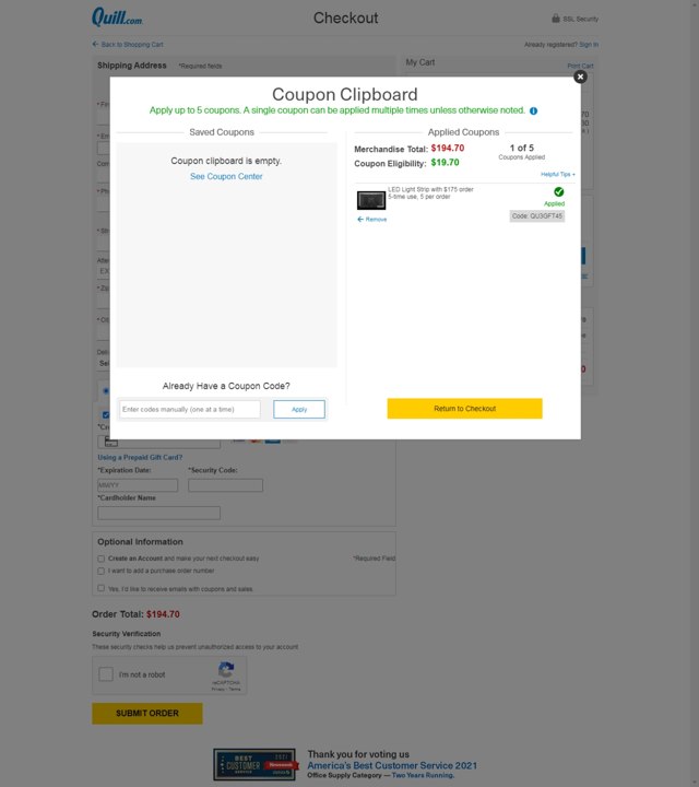 Quill checkout page showing Quill promo code box | Screenshot taken by SimplyCodes community member on Apr 10, 2021