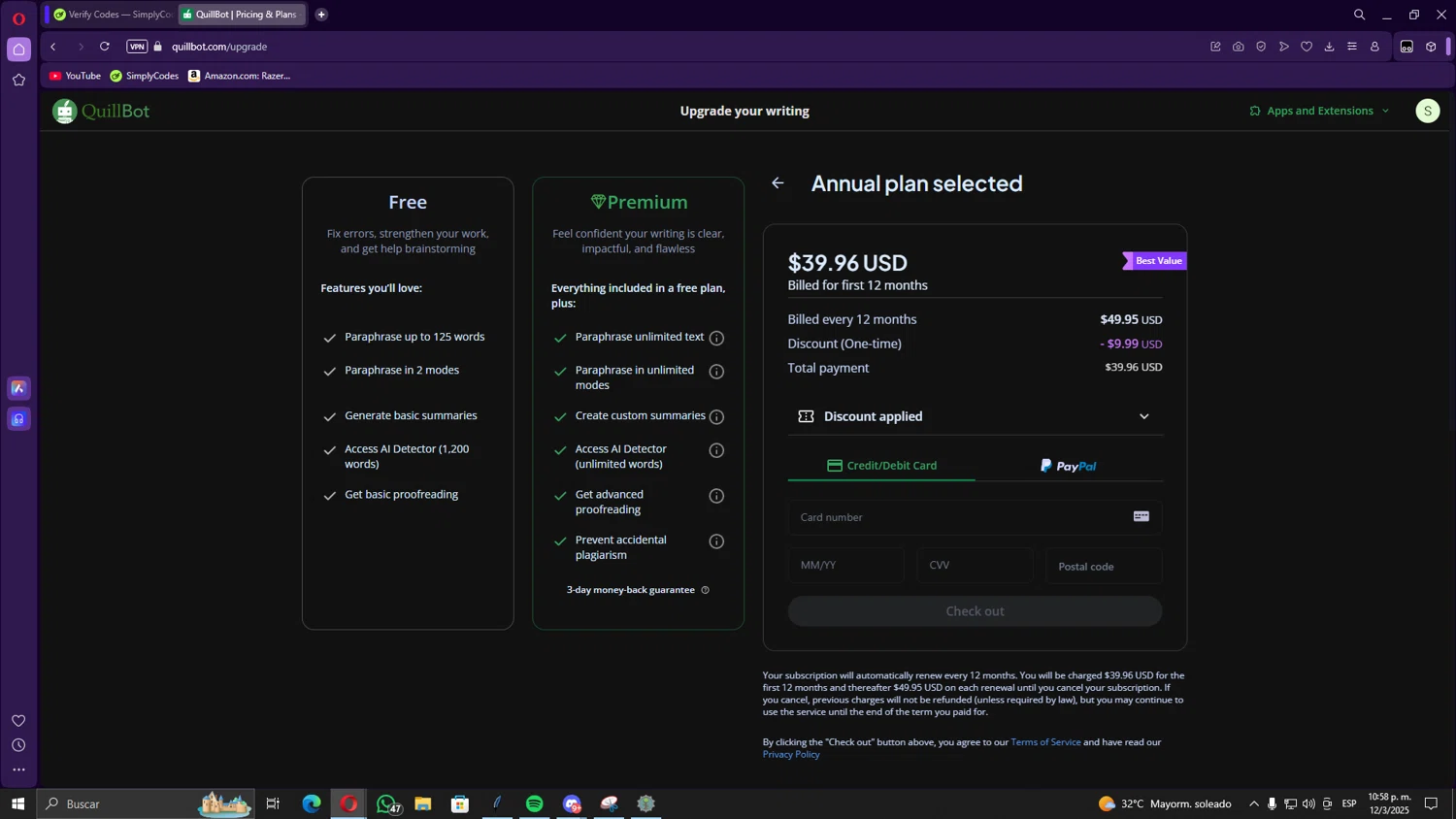 QuillBot discount code screenshot showing code GOPREMIUM applied at QuillBot checkout page. Uploaded by SimplyCodes community member Gojira on Mar 13, 2025
