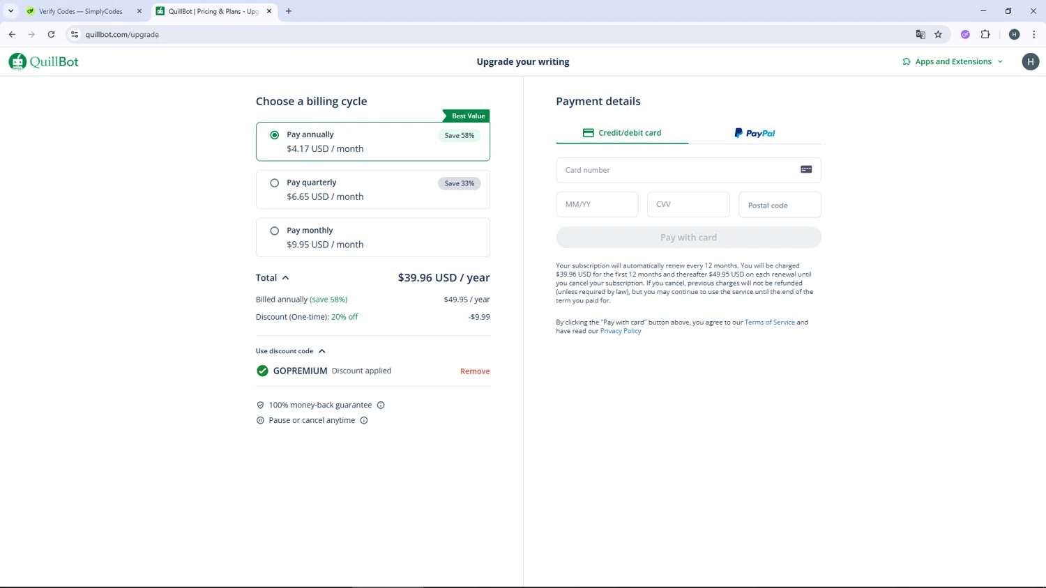 QuillBot discount code screenshot showing code GOPREMIUM applied at QuillBot checkout page. Uploaded by SimplyCodes community member YAMAHA on Jul 23, 2025