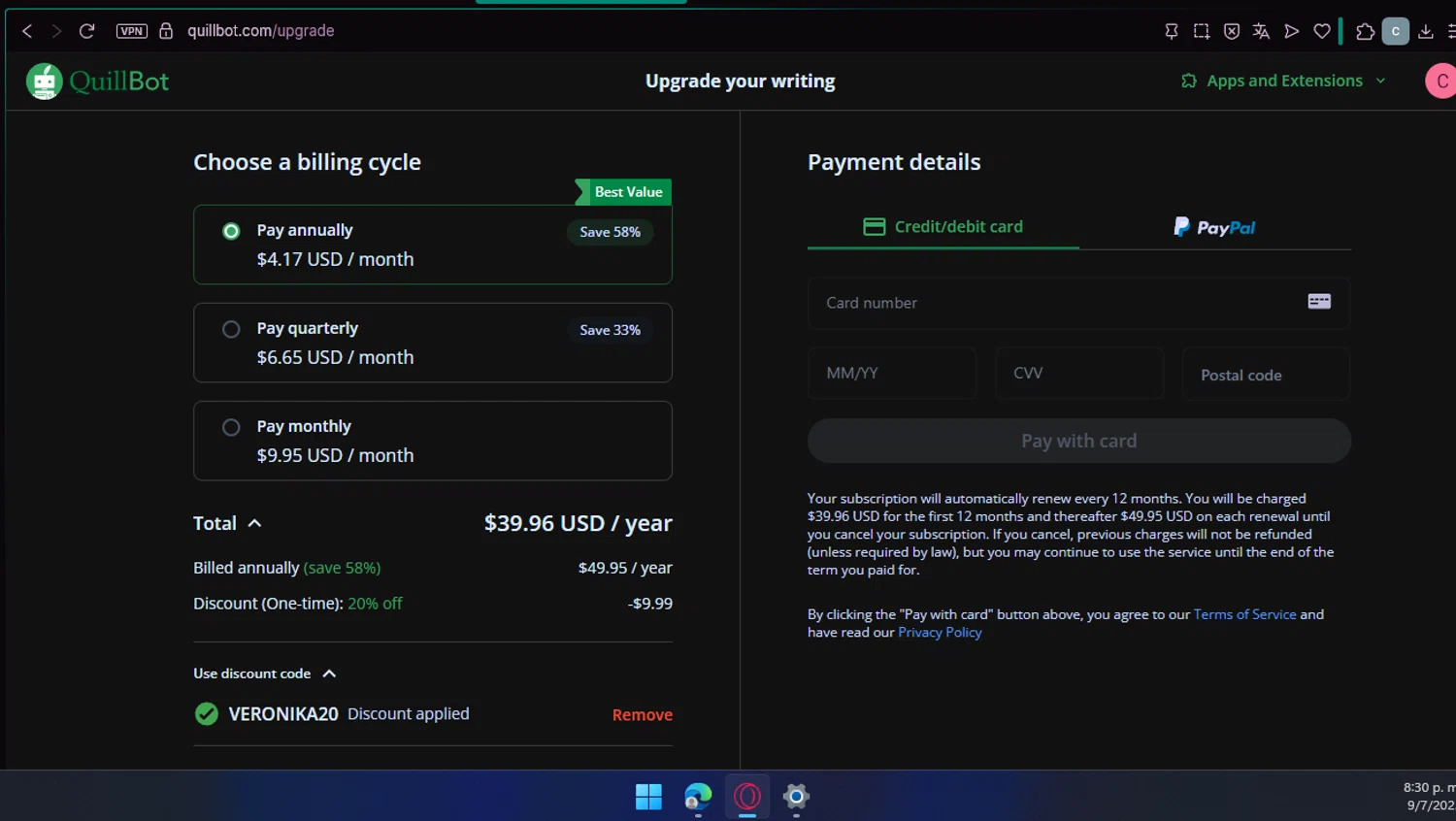 QuillBot discount code screenshot showing code VERONIKA20 applied at QuillBot checkout page. Uploaded by SimplyCodes community member chepipi on Jul 10, 2025