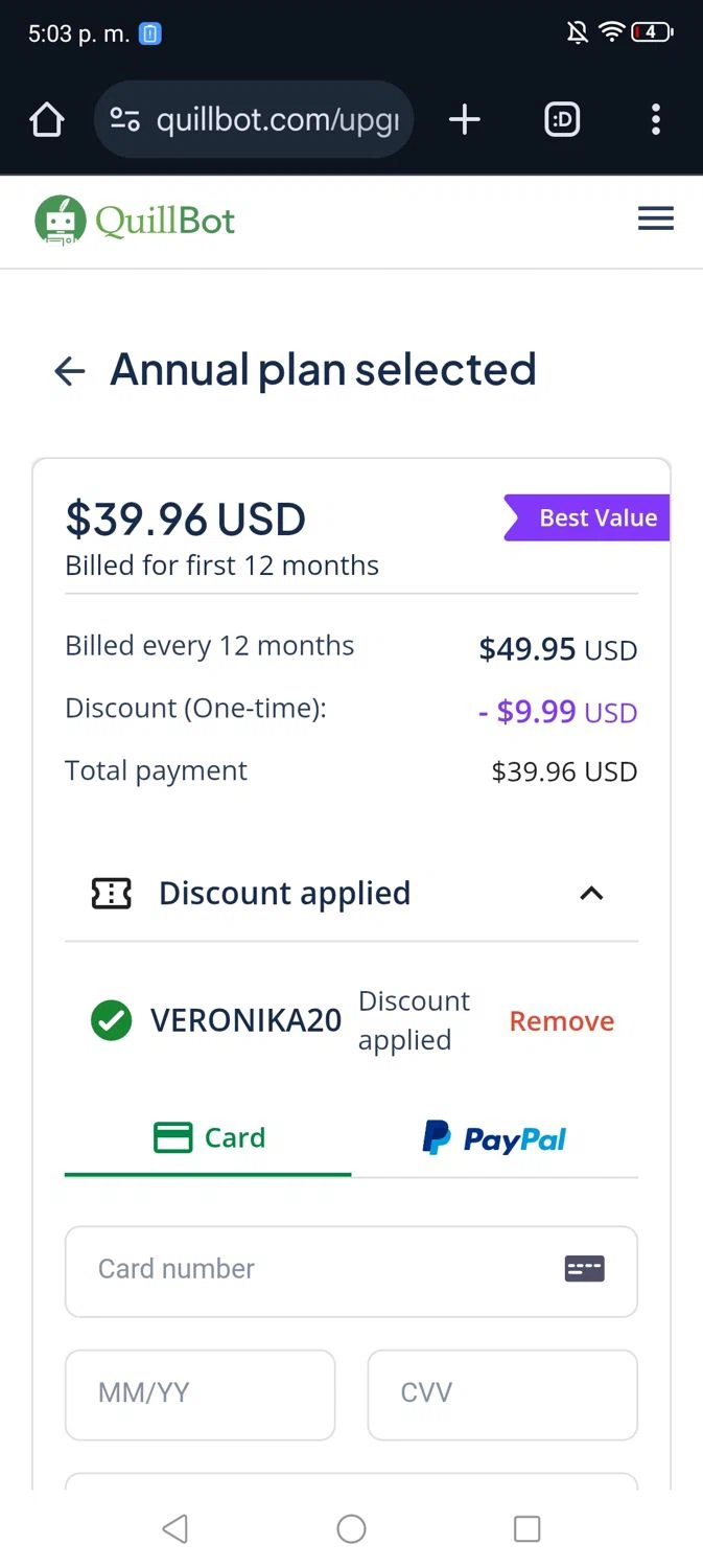 QuillBot discount code screenshot showing code VERONIKA20 applied at QuillBot checkout page. Uploaded by SimplyCodes community member DiscountVirtuoso489 on Mar 29, 2025