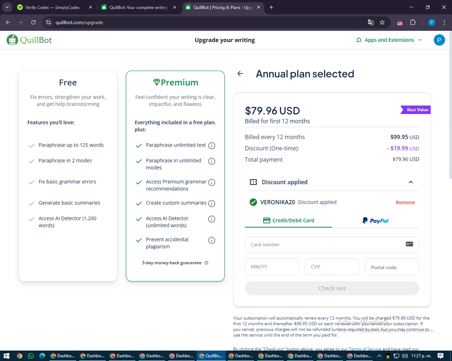 QuillBot discount code screenshot showing code VERONIKA20 applied at QuillBot checkout page. Uploaded by SimplyCodes community member juiceWRLD on Apr 2, 2025