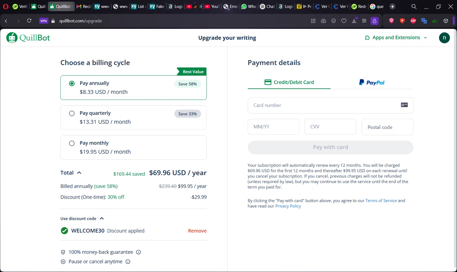 QuillBot discount code screenshot showing code WELCOME30 applied at QuillBot checkout page. Uploaded by SimplyCodes community member Norman_KSD on Jun 24, 2025