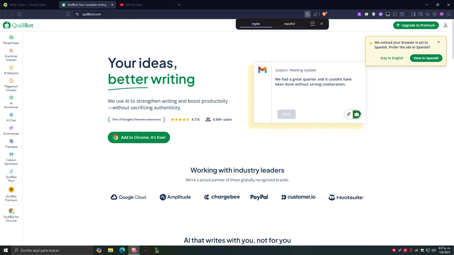 QuillBot discount code screenshot showing code WELCOME30 applied at QuillBot checkout page. Uploaded by SimplyCodes community member Tragedy on Aug 7, 2025