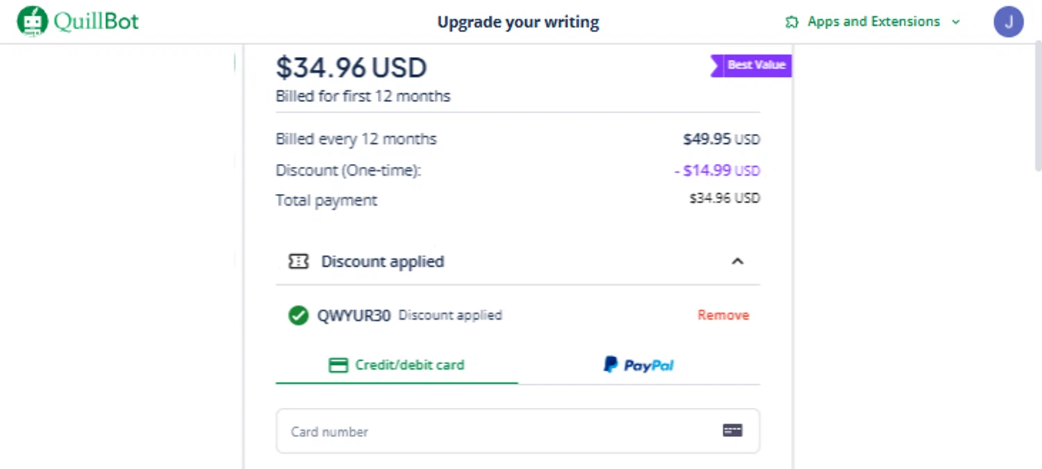 QuillBot discount code screenshot showing code QWYUR30 applied at QuillBot checkout page. Uploaded by SimplyCodes community member TraxoGamer on Jul 9, 2025