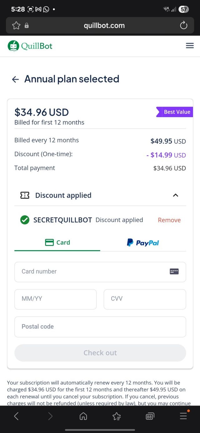 QuillBot checkout page showing QuillBot discount code box | Screenshot taken by SimplyCodes community member on Aug 29, 2025