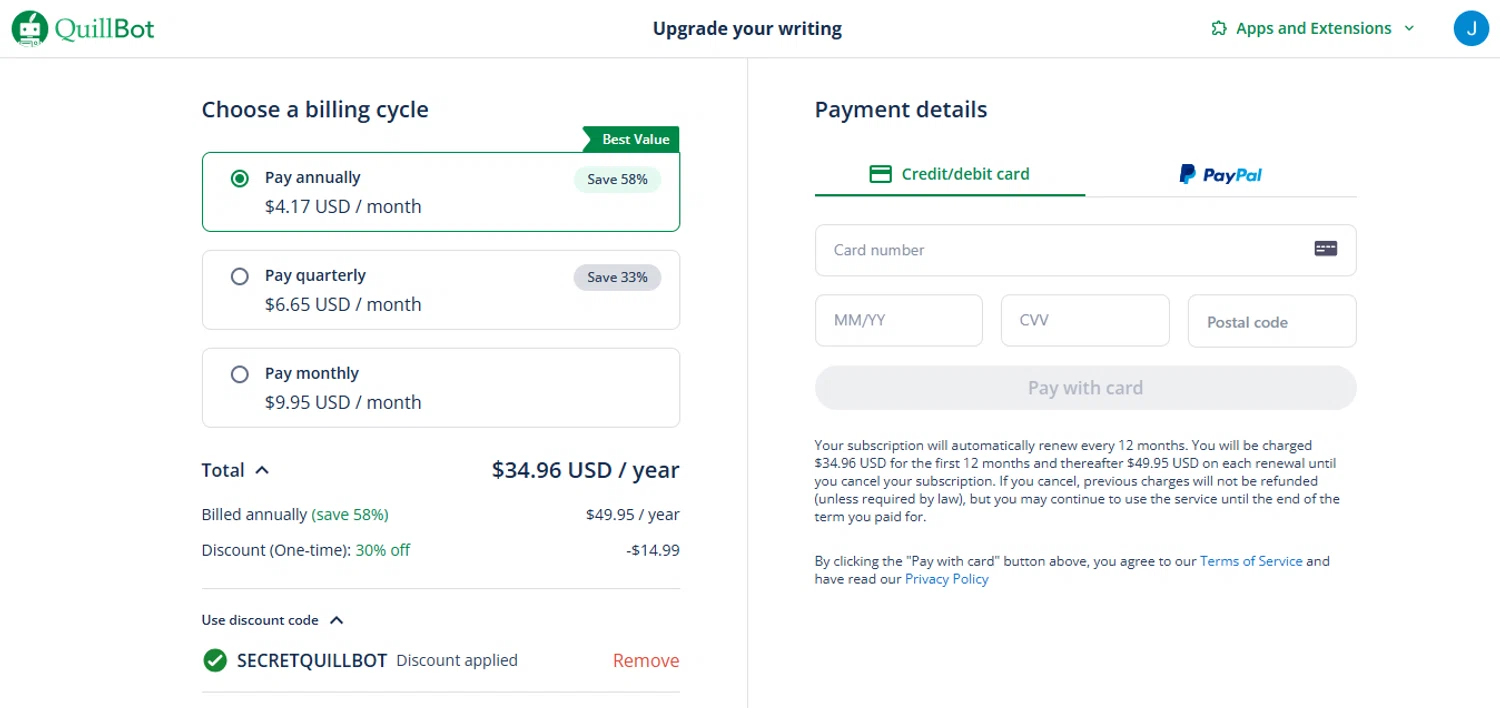 QuillBot discount code screenshot showing code SECRETQUILLBOT applied at QuillBot checkout page. Uploaded by SimplyCodes community member juanisaac on Aug 14, 2025