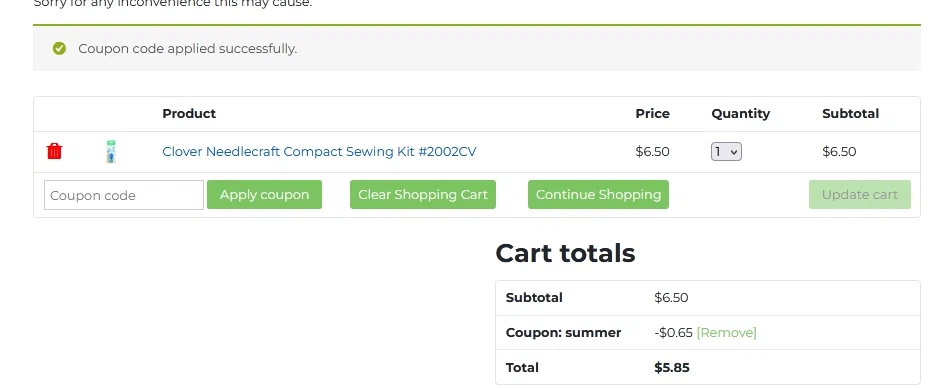 Quilt Fabric Closeouts checkout page showing Quilt Fabric Closeouts coupon code box | Screenshot taken by SimplyCodes community member on Jul 12, 2022