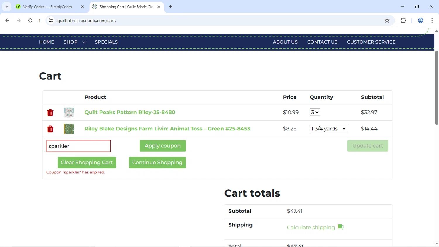 Quilt Fabric Closeouts coupon code screenshot showing code sparkler applied at Quilt Fabric Closeouts checkout page. Uploaded by SimplyCodes community member Dizlike on Jul 27, 2025