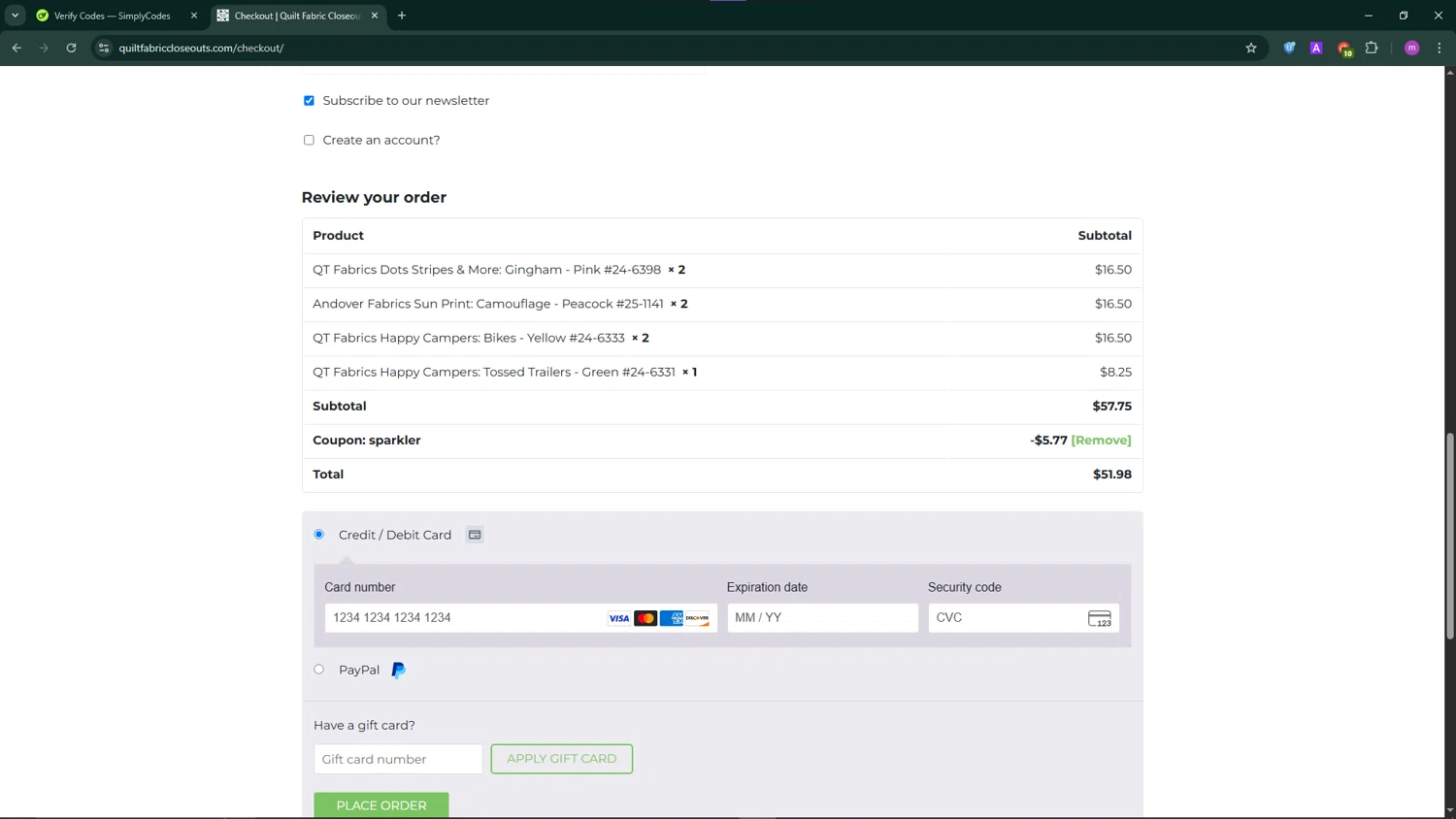 Quilt Fabric Closeouts checkout page showing Quilt Fabric Closeouts coupon code box | Screenshot taken by SimplyCodes community member on Jul 4, 2025