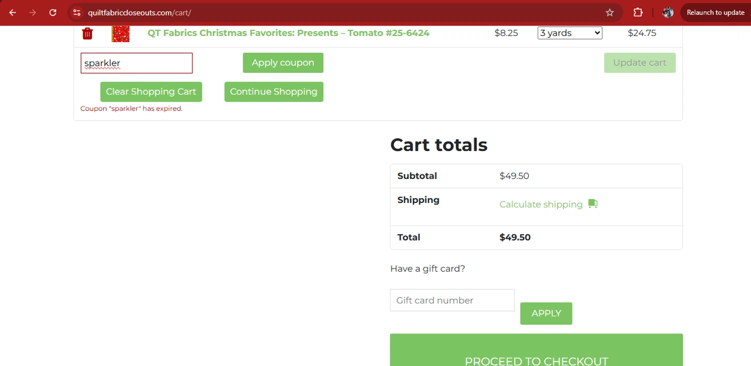 Quilt Fabric Closeouts coupon code screenshot showing code sparkler applied at Quilt Fabric Closeouts checkout page. Uploaded by SimplyCodes community member kimberlinmartinez on Jul 27, 2025