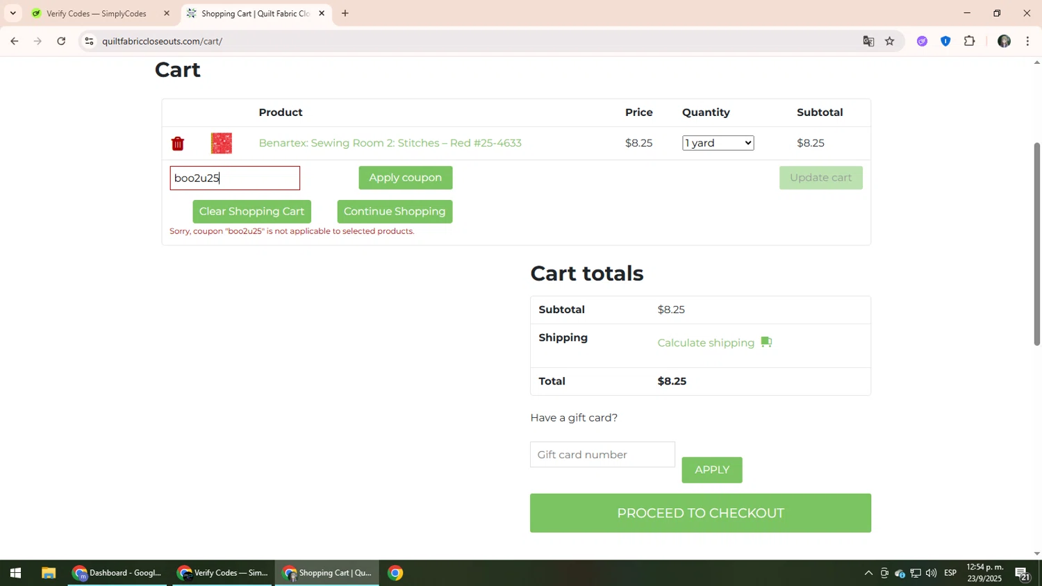 Quilt Fabric Closeouts coupon code screenshot showing code boo2u25 applied at Quilt Fabric Closeouts checkout page. Uploaded by SimplyCodes community member CleverLynx6871 on Sep 23, 2025