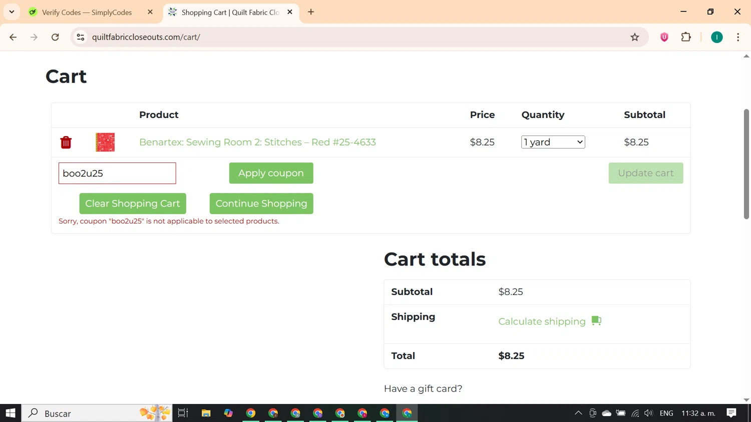 Quilt Fabric Closeouts coupon code screenshot showing code boo2u25 applied at Quilt Fabric Closeouts checkout page. Uploaded by SimplyCodes community member ExtraordinaryKnight690 on Sep 23, 2025