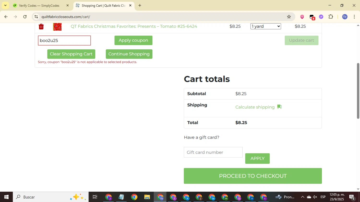 Quilt Fabric Closeouts coupon code screenshot showing code boo2u25 applied at Quilt Fabric Closeouts checkout page. Uploaded by SimplyCodes community member FrugalOwl962 on Sep 23, 2025