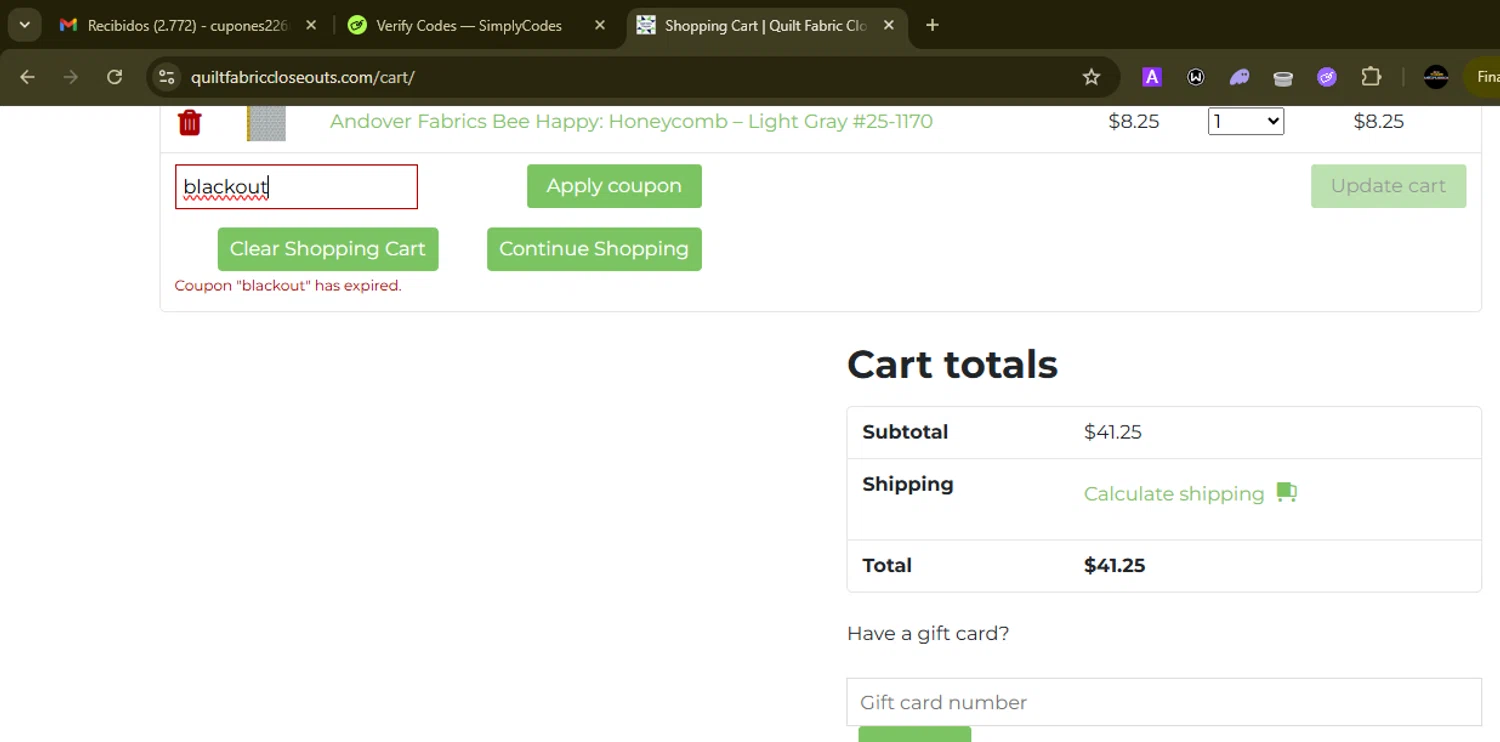 Quilt Fabric Closeouts coupon code screenshot showing code blackout applied at Quilt Fabric Closeouts checkout page. Uploaded by SimplyCodes community member SilverMonarch6357 on Dec 27, 2025