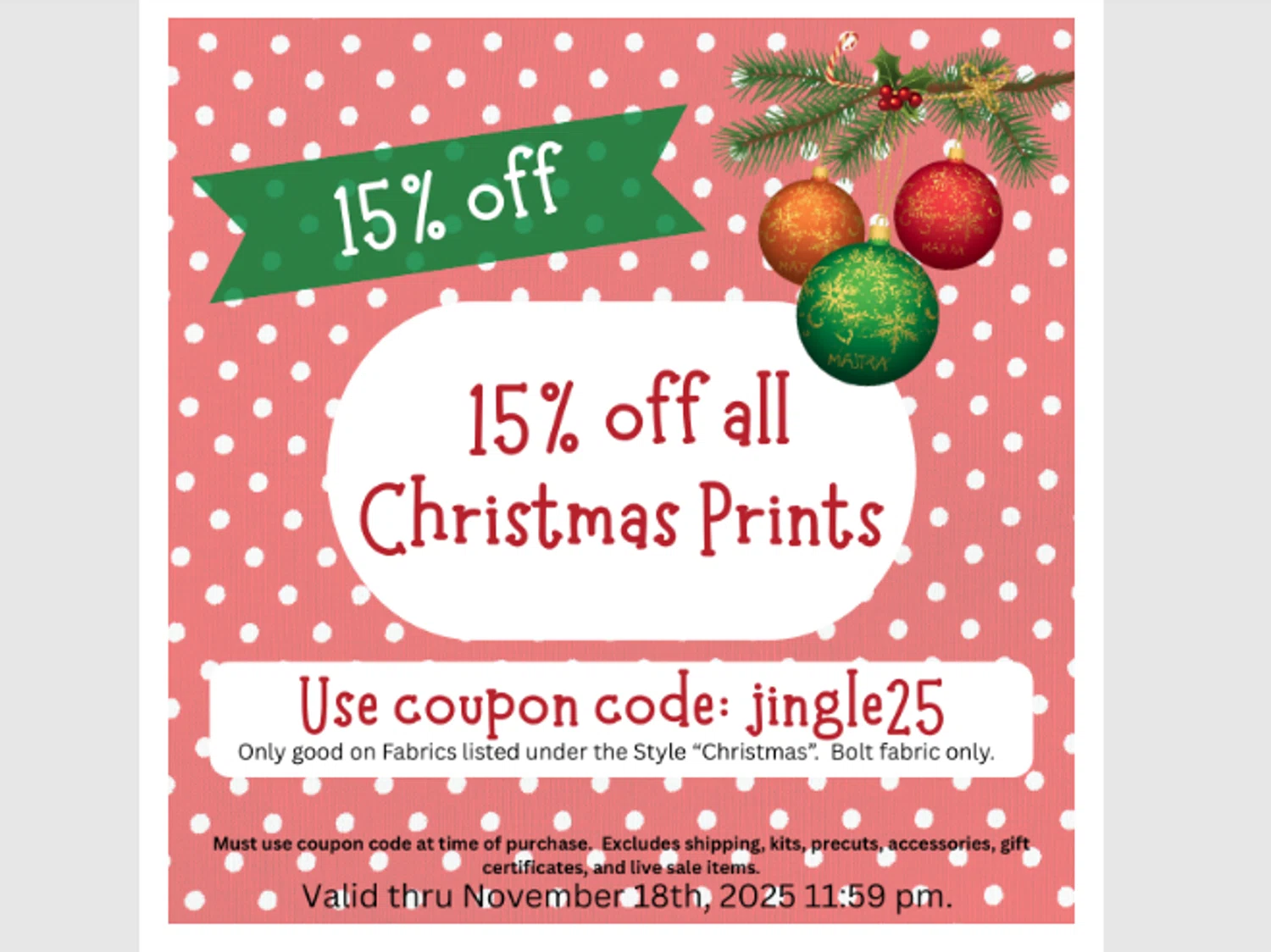 Quilt Fabric Closeouts coupon code screenshot showing code jingle25 applied at Quilt Fabric Closeouts checkout page. Uploaded by SimplyCodes community member juanjose on Nov 16, 2025