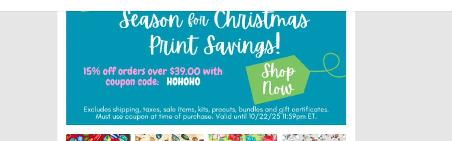 Quilt Fabric Closeouts coupon code screenshot showing code hohoho applied at Quilt Fabric Closeouts checkout page. Uploaded by SimplyCodes community member juanjose on Oct 19, 2025
