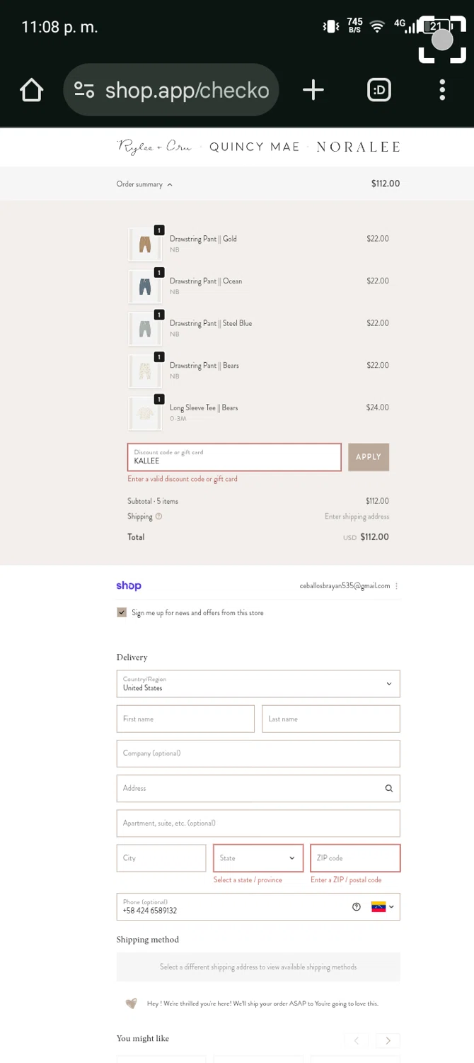 Quincy Mae discount code screenshot showing code KALLEE applied at Quincy Mae checkout page. Uploaded by SimplyCodes community member Bernado on Oct 5, 2025