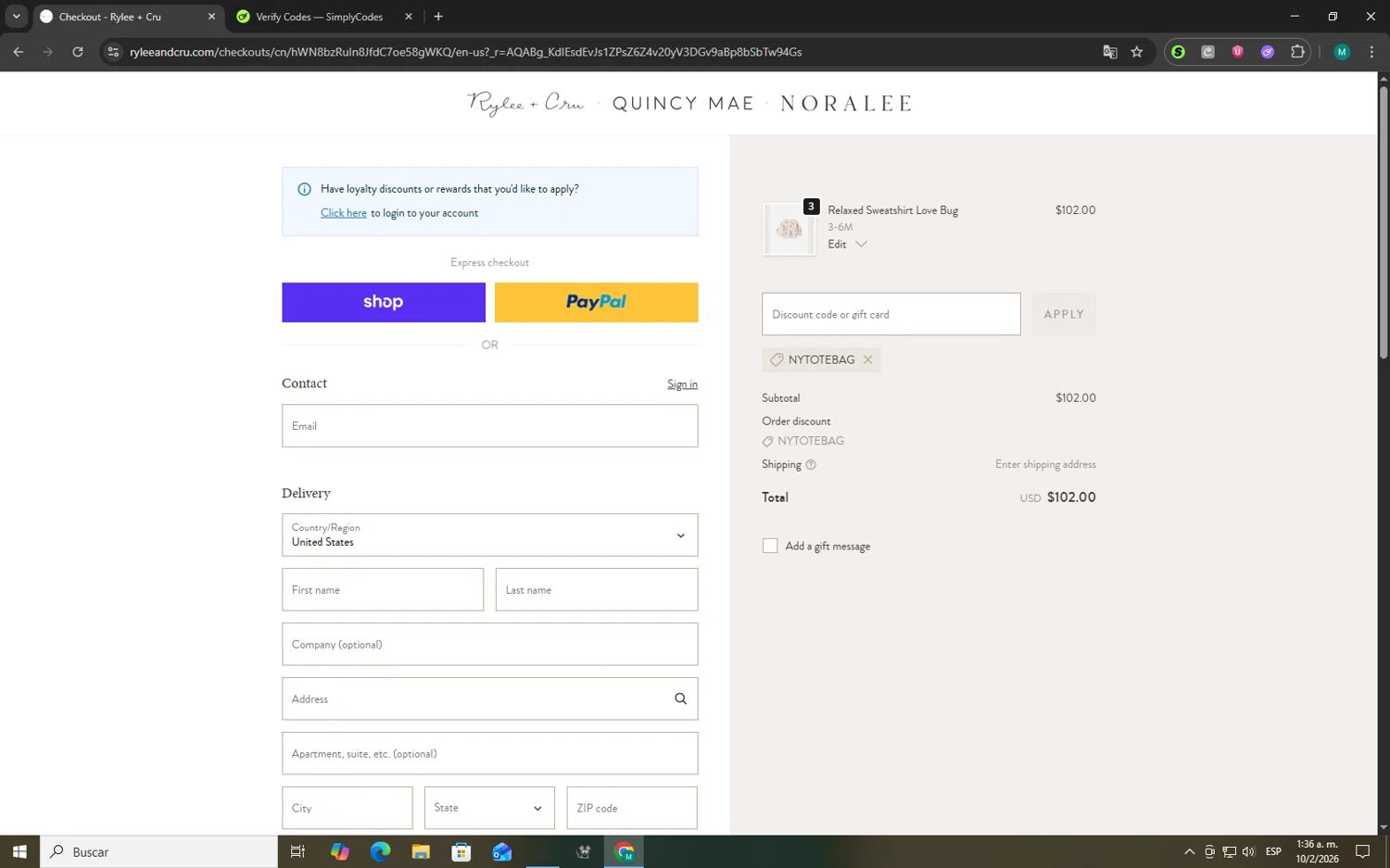 Quincy Mae checkout page showing Quincy Mae discount code box | Screenshot taken by SimplyCodes community member on Feb 10, 2026
