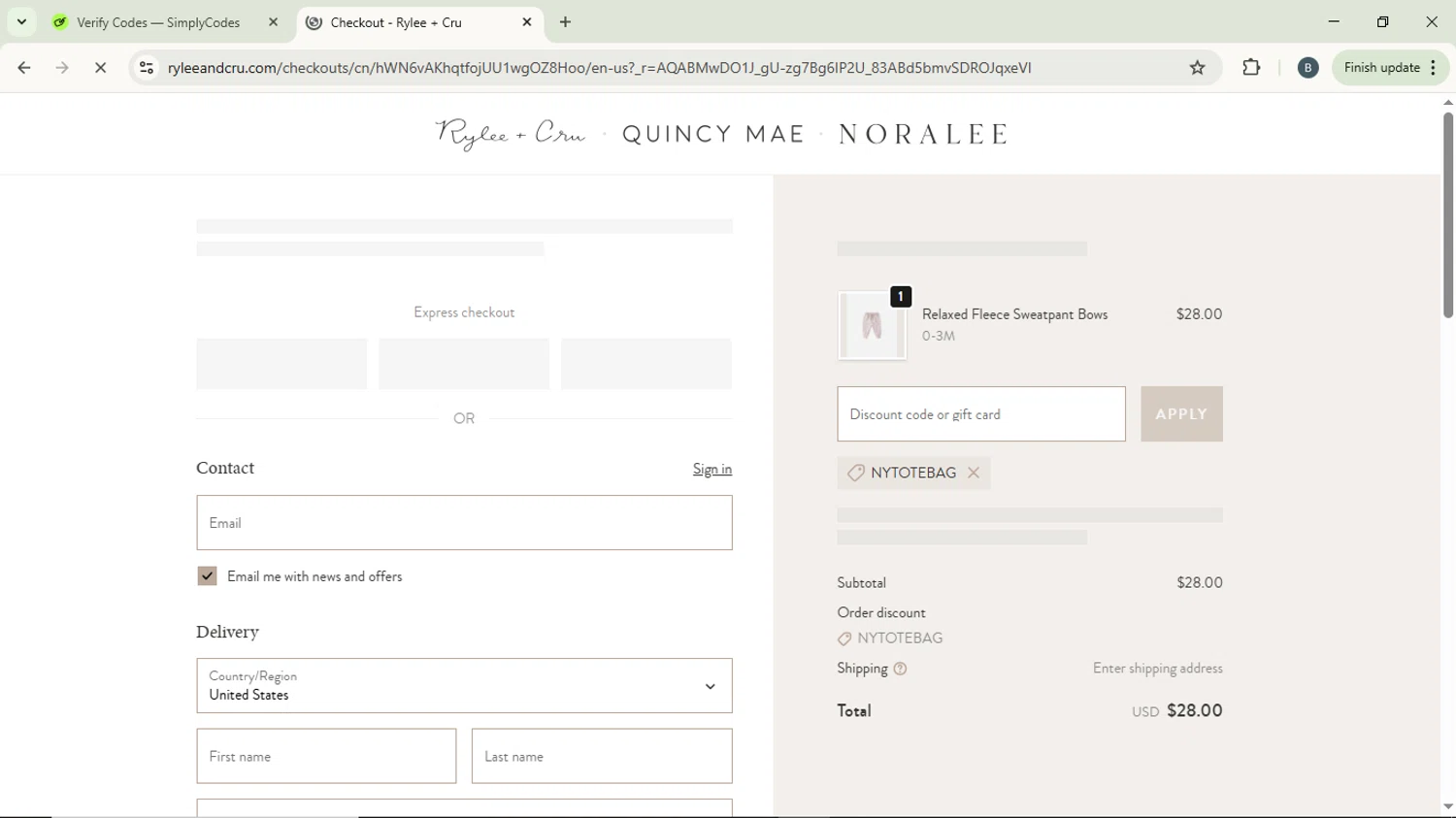 Quincy Mae checkout page showing Quincy Mae discount code box | Screenshot taken by SimplyCodes community member on Dec 27, 2025