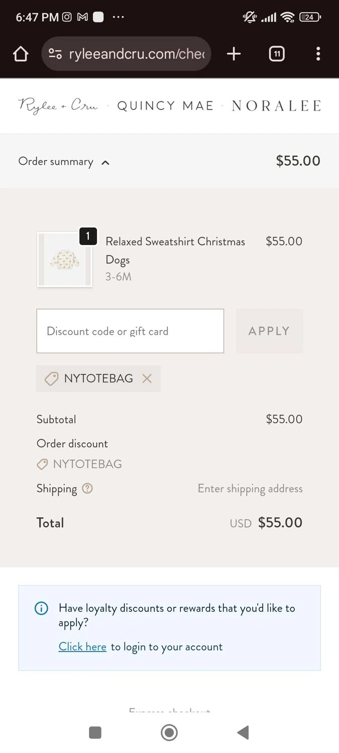 Quincy Mae discount code screenshot showing code Nytotebag applied at Quincy Mae checkout page. Uploaded by SimplyCodes community member SaraiVillarroel on Dec 26, 2025