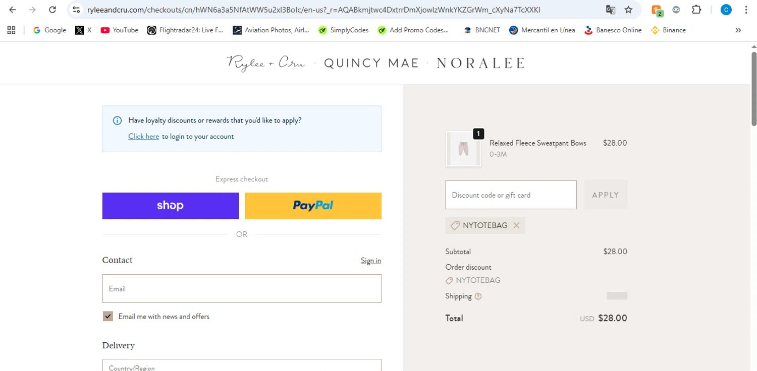 Quincy Mae discount code screenshot showing code NYTOTEBAG applied at Quincy Mae checkout page. Uploaded by SimplyCodes community member victor on Dec 27, 2025