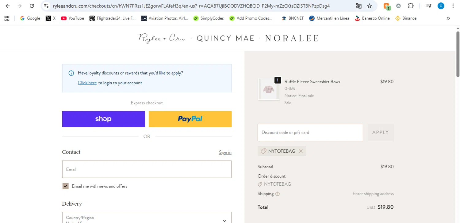 Quincy Mae discount code screenshot showing code NYTOTEBAG applied at Quincy Mae checkout page. Uploaded by SimplyCodes community member victor on Feb 12, 2026