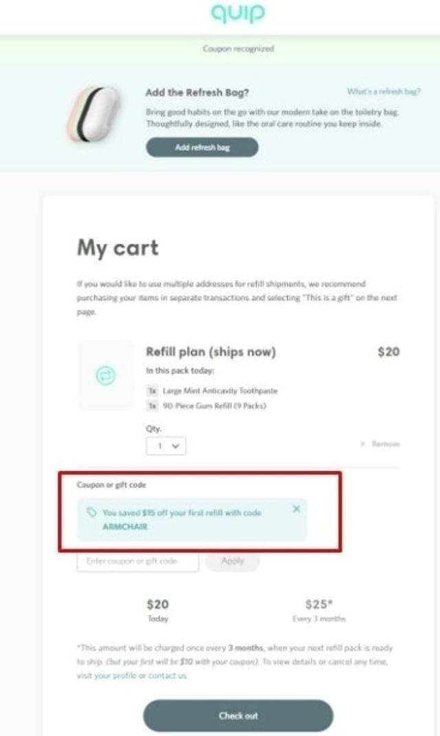 Quip checkout page showing Quip promo code box | Screenshot taken by SimplyCodes community member on Mar 17, 2022