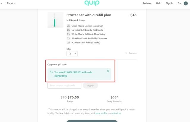 Quip checkout page showing Quip promo code box | Screenshot taken by SimplyCodes community member on Feb 12, 2022