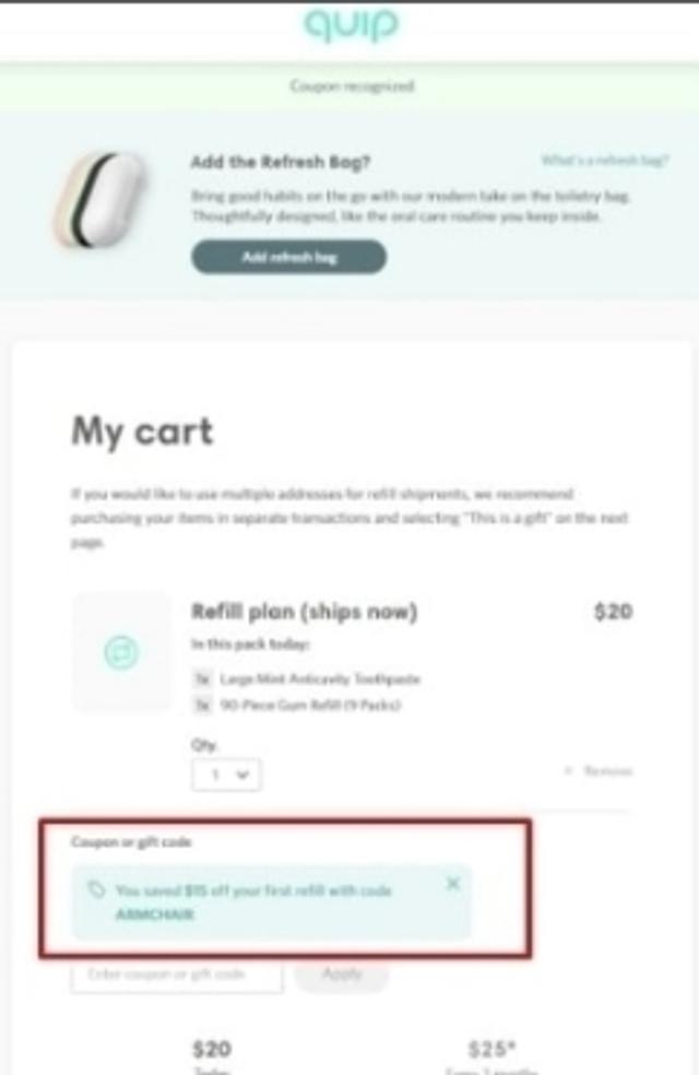 Quip checkout page showing Quip promo code box | Screenshot taken by SimplyCodes community member on Apr 22, 2022