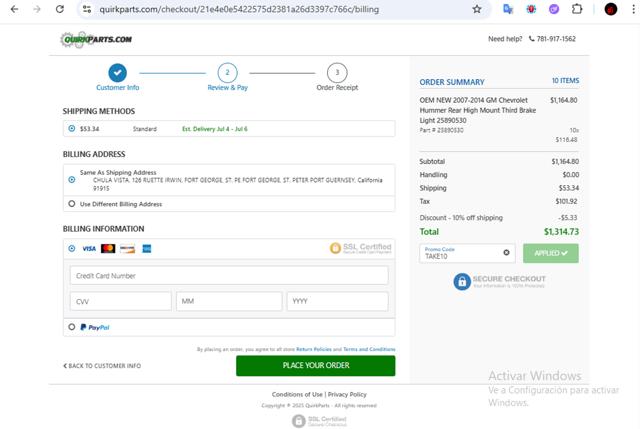 QuirkParts checkout page showing QuirkParts promo code box | Screenshot taken by SimplyCodes community member on Jun 28, 2025
