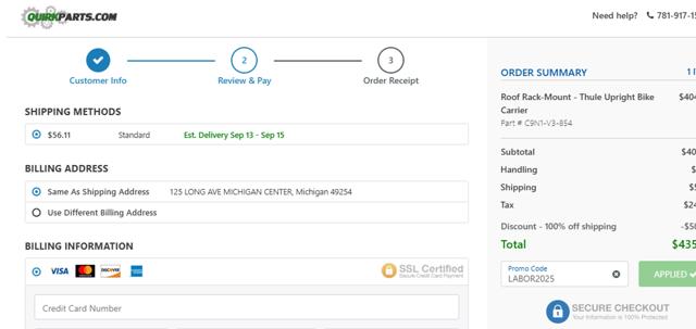QuirkParts checkout page showing QuirkParts promo code box | Screenshot taken by SimplyCodes community member on Sep 6, 2025