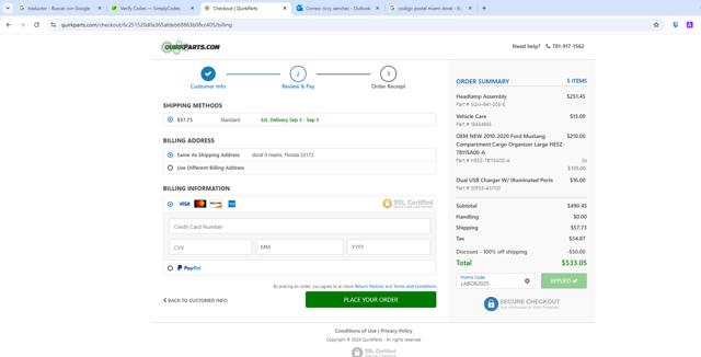 QuirkParts checkout page showing QuirkParts promo code box | Screenshot taken by SimplyCodes community member on Aug 28, 2025