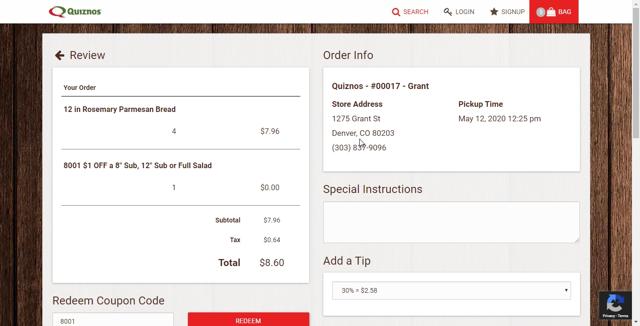 Quiznos checkout page showing Quiznos coupon code box | Screenshot taken by SimplyCodes community member on May 12, 2020