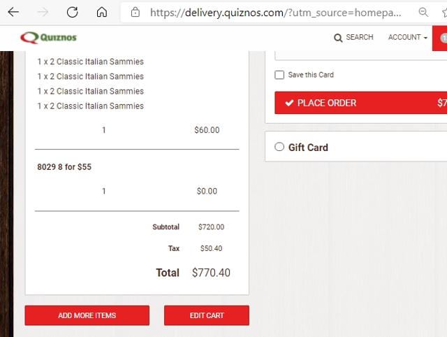 Quiznos checkout page showing Quiznos coupon code box | Screenshot taken by SimplyCodes community member on Apr 9, 2021