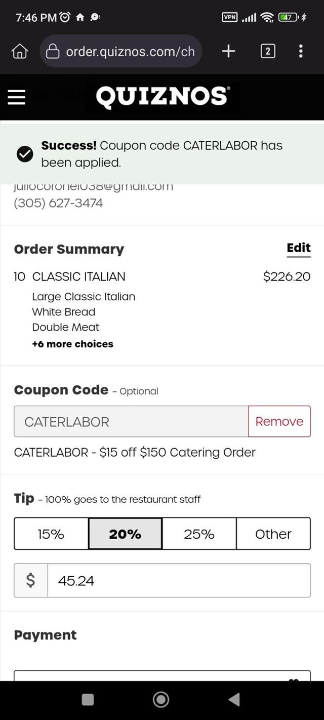 Quiznos checkout page showing Quiznos coupon code box | Screenshot taken by SimplyCodes community member on Aug 31, 2024
