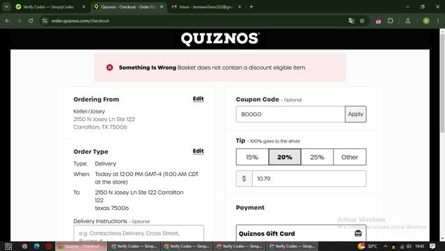 Quiznos checkout page showing Quiznos coupon code box | Screenshot taken by SimplyCodes community member on Oct 31, 2024
