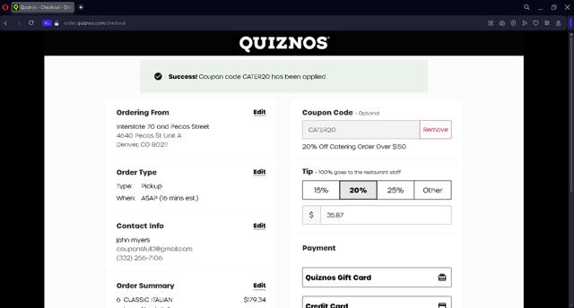 Quiznos checkout page showing Quiznos coupon code box | Screenshot taken by SimplyCodes community member on Nov 29, 2024
