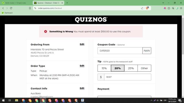 Quiznos checkout page showing Quiznos coupon code box | Screenshot taken by SimplyCodes community member on Dec 28, 2024